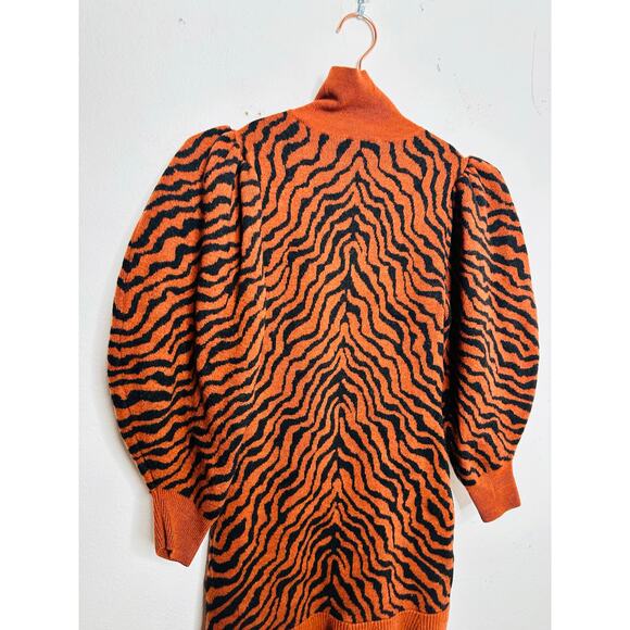 ULLA JOHNSON Red Black Zebra Printed 100% Merino Wool Puff Sleeves Joni Dress M - Picture 12 of 16